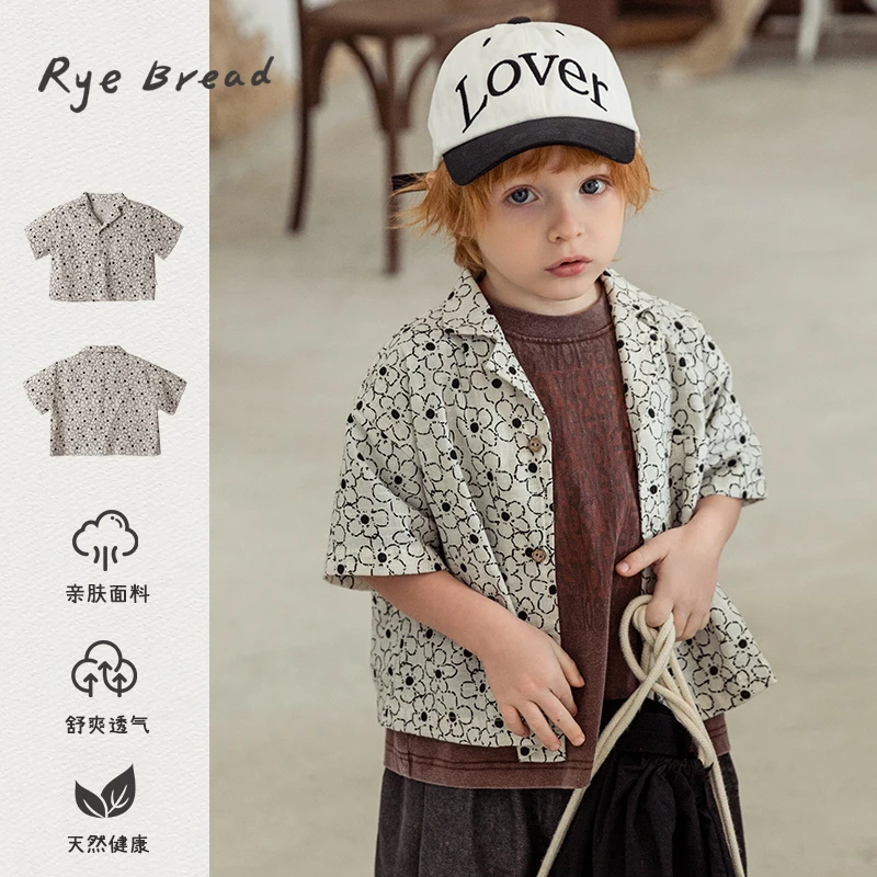 ryebread/黑面包童装 韩版男小童花卉图案休闲百搭短袖衬衫 5夏