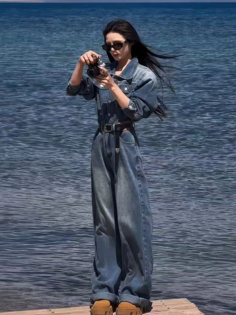 美式复古连体裤时尚Polo领长袖宽松显瘦百搭牛仔女AM25386