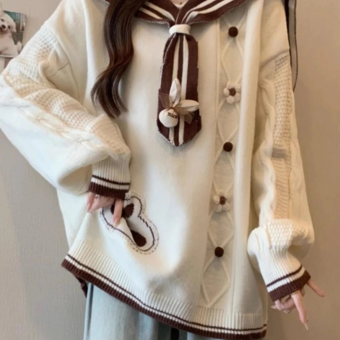 宽松型美拉德咖色针织衫毛衣大码女装2025秋冬新款胖mm中长款海军