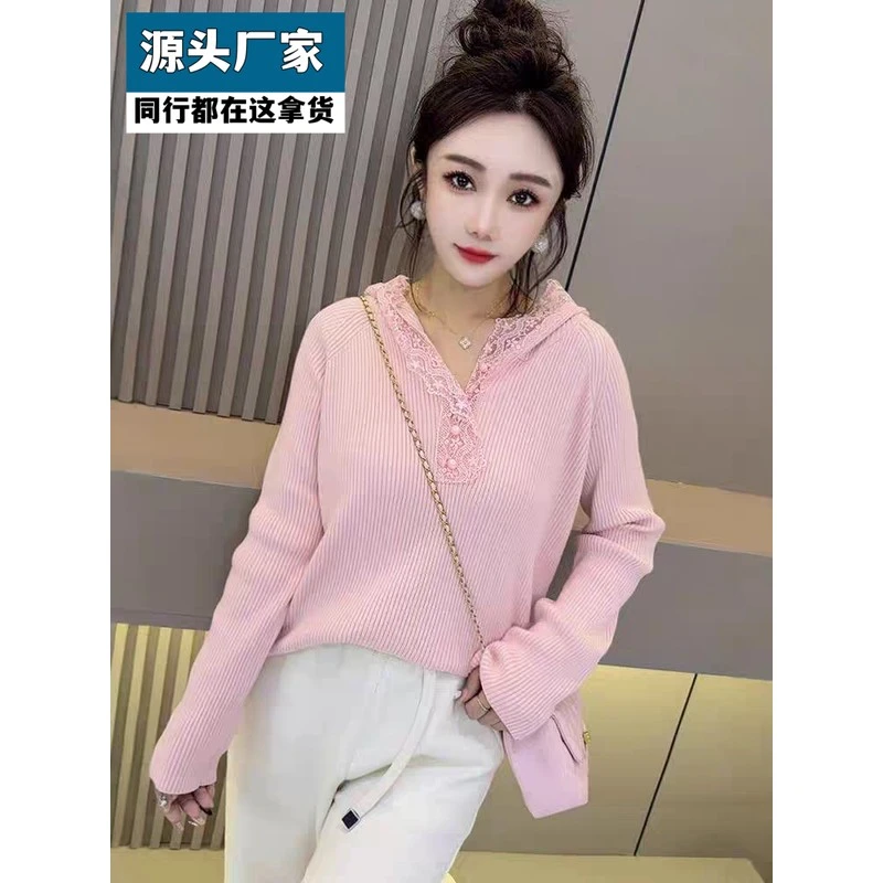 梵乐芬蕾丝花边连帽针织衫欧洲站2025年春秋新款时尚港风韩版长袖