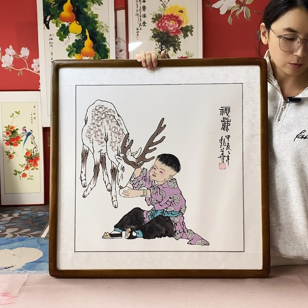 国画手写手绘国画作品带框包邮62✖️62