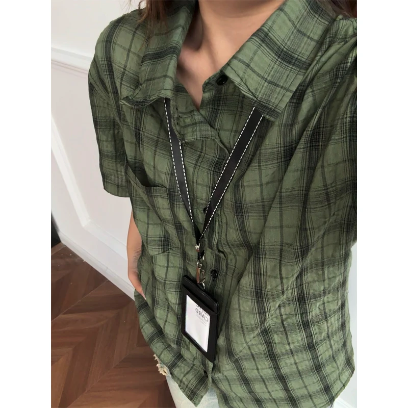 美式复古绿色格子衬衫男夏季薄款慵懒感短袖衬衣潮牌休闲情侣外套