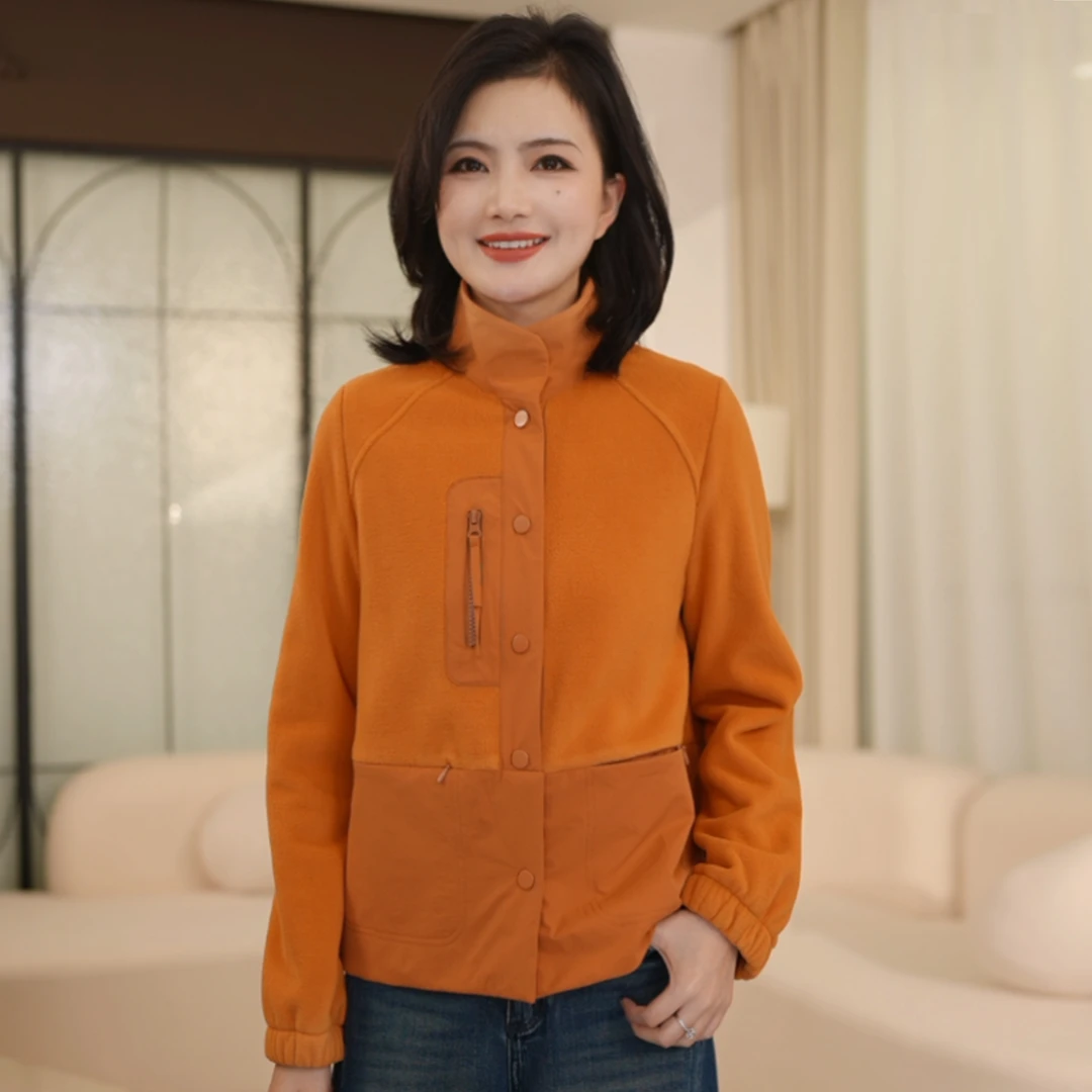 枫竺阿楠anan简约纯色立领摇粒绒拼接保暖外套女秋冬抓绒休闲衣