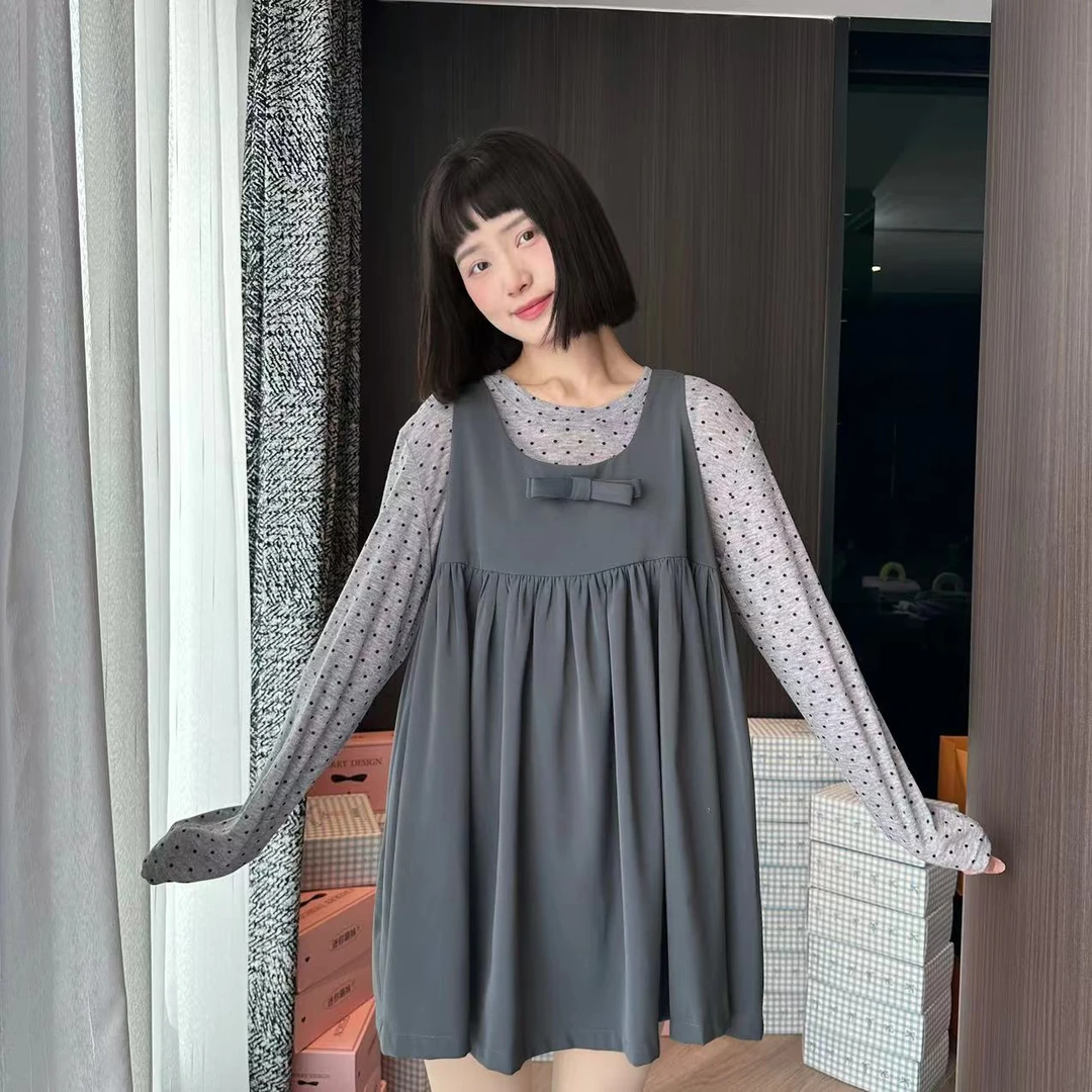 wyd小樱桃 安妮舞会 波点打底衫灰色蝴蝶结西装面料背带裙套装