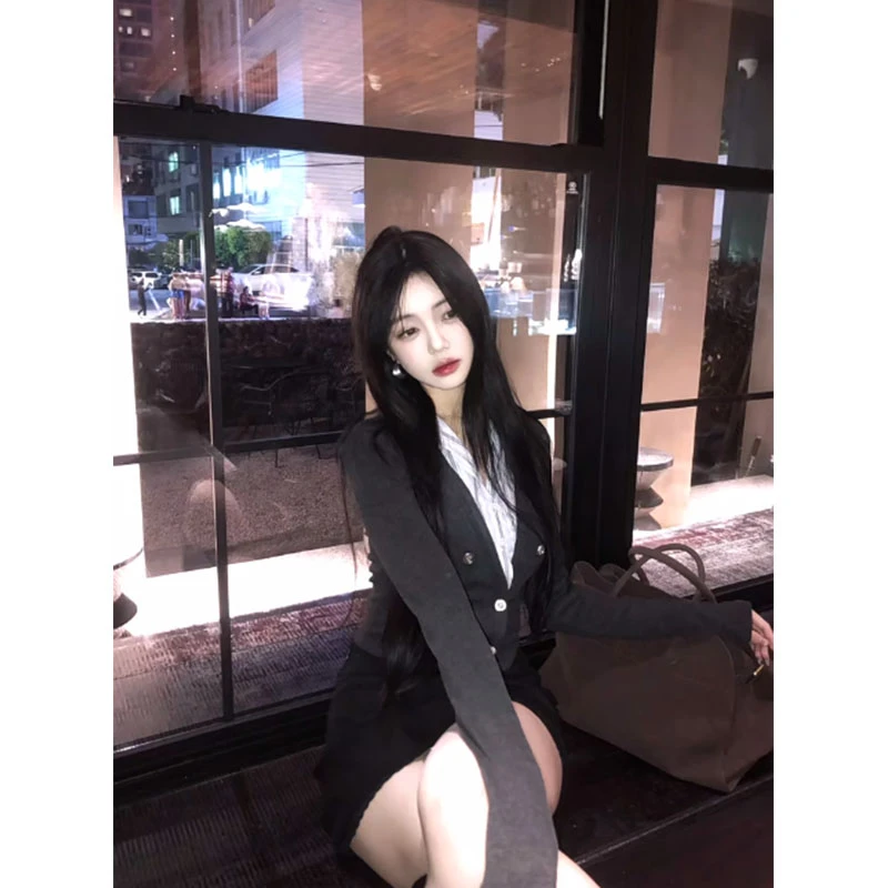 美式气质辣妹小个子拼接polo领长袖针织开衫高腰小众显瘦休闲短裙