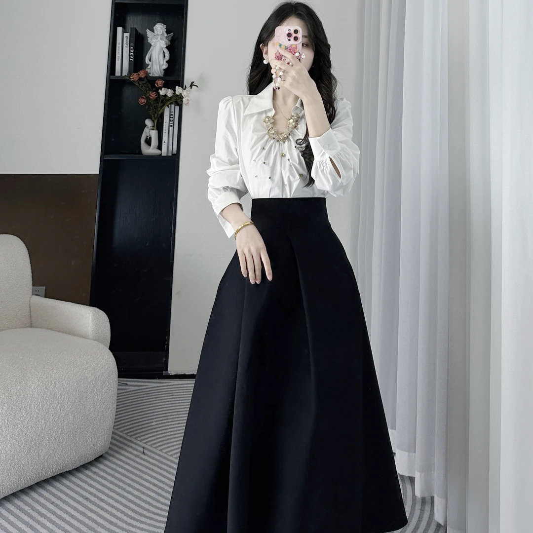 拉夏贝尔25秋显瘦气质轻奢重工珠花U型领衬衫＋半身裙 10307 YCJ