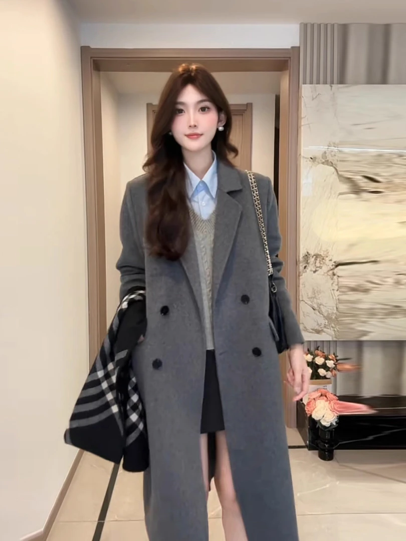 高级感灰色正肩毛呢大衣女秋冬季2025新款韩系呢子外套宽松显瘦