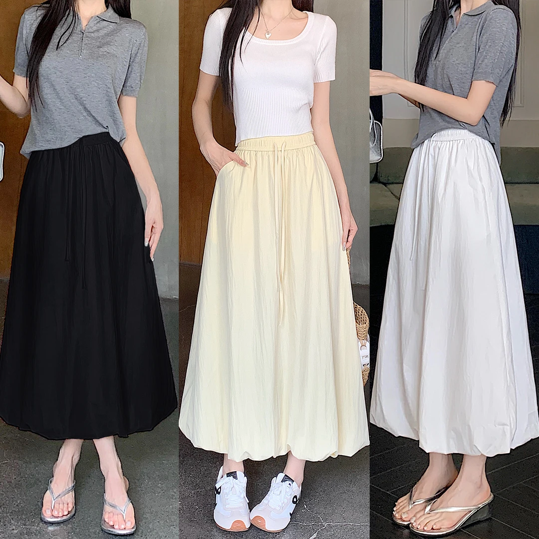 8096-夏女装显瘦灯笼群白色微胖大码宽松半身裙新款