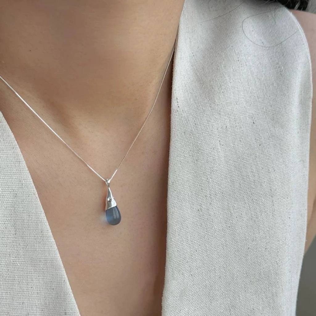 坠链均925银 S925纯银项链女简约高级感气质蓝眼泪锁骨链2025新款