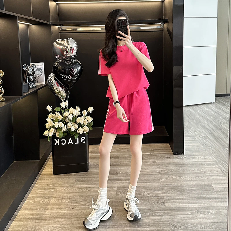 洋气炸街休闲运动套装女夏时尚减龄玫红色显瘦短袖T恤短裤两件套