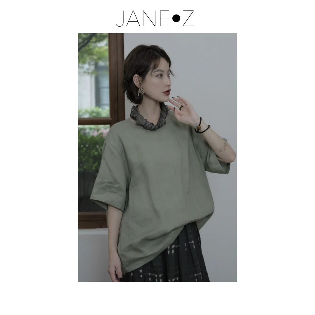【茶园微风】100%亚麻清凉感圆领显瘦百搭衬衫上衣JZYCZ025