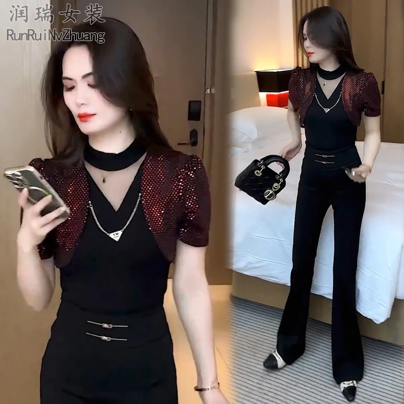 夏季韩版修身高腰时尚套装女2025新款镂空短袖T恤微喇裤两件套潮