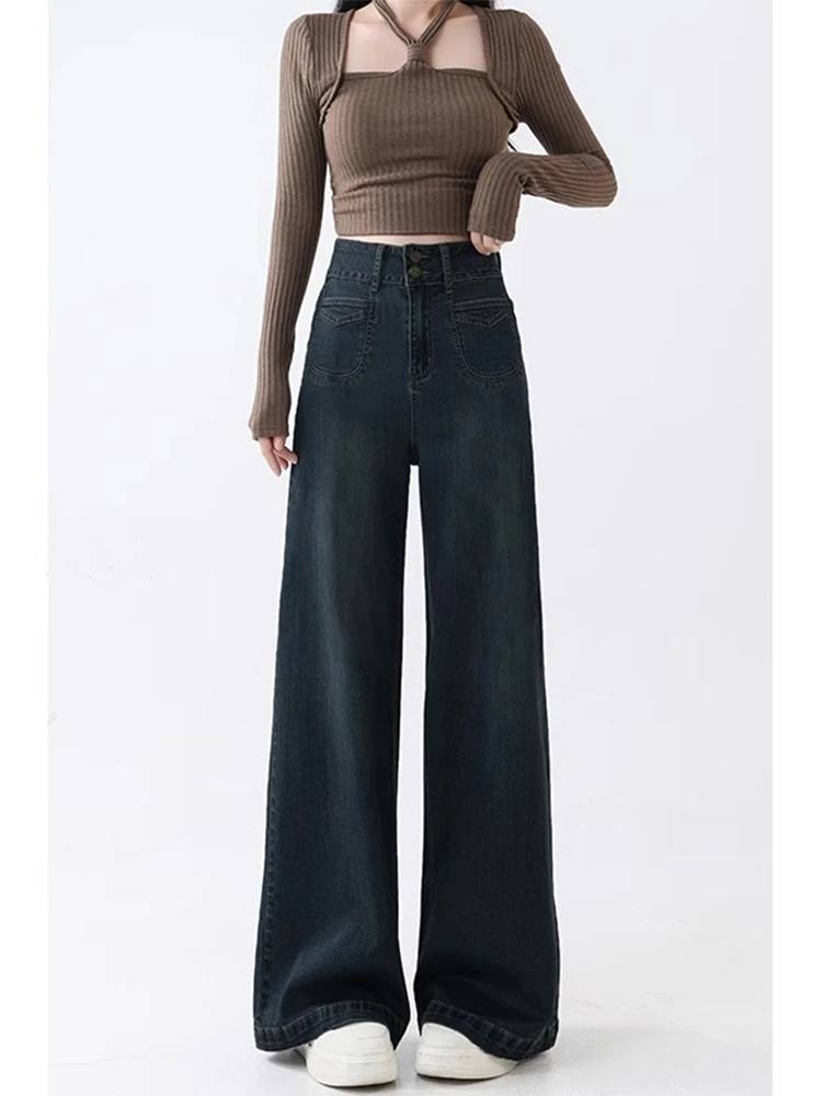 港风复古深蓝色直筒牛仔裤女春季新款胖妹妹mm高腰宽松显瘦阔腿裤