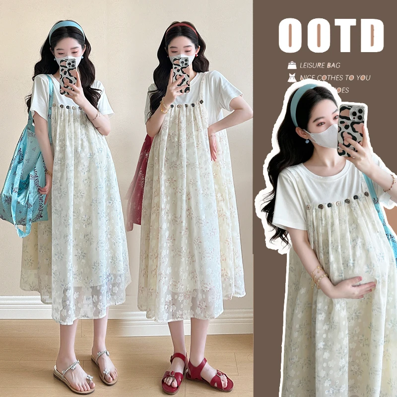 2025孕妇装夏季新款韩版时尚宽松显瘦雪纺提花假两件连衣裙外穿