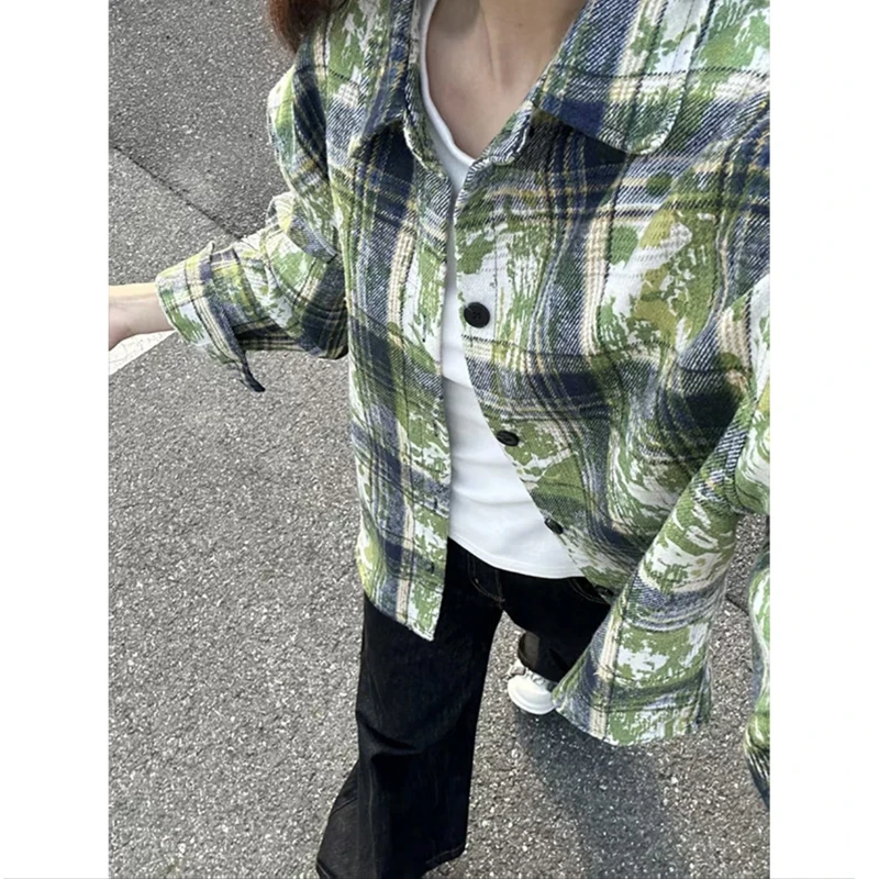 扎染绿色格子长袖衬衫男春秋款美式复古宽松短袖衬衣情侣休闲外套