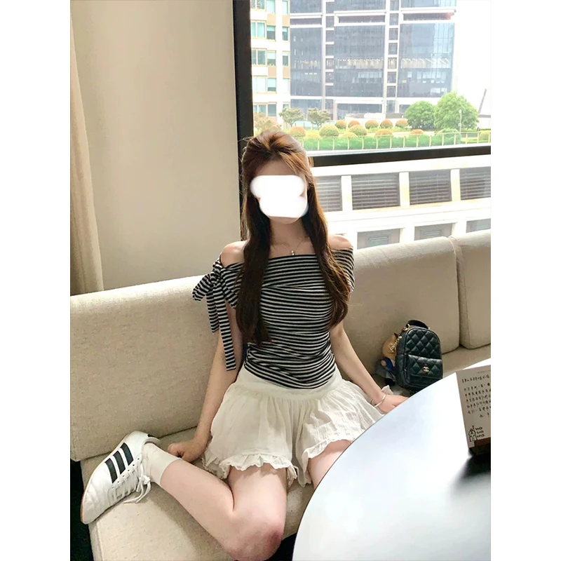 夏季斜肩修身气质短款上衣女辣妹风绑带露肩