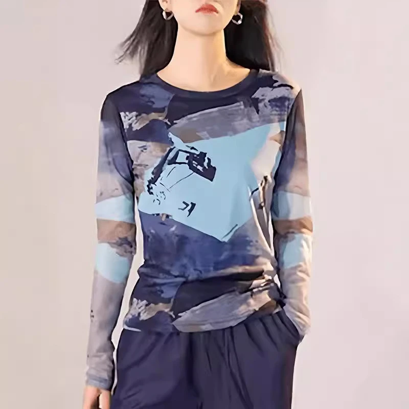 时尚百搭网纱印花长袖打底衫女恤2024春秋季新款休闲显瘦上衣女款