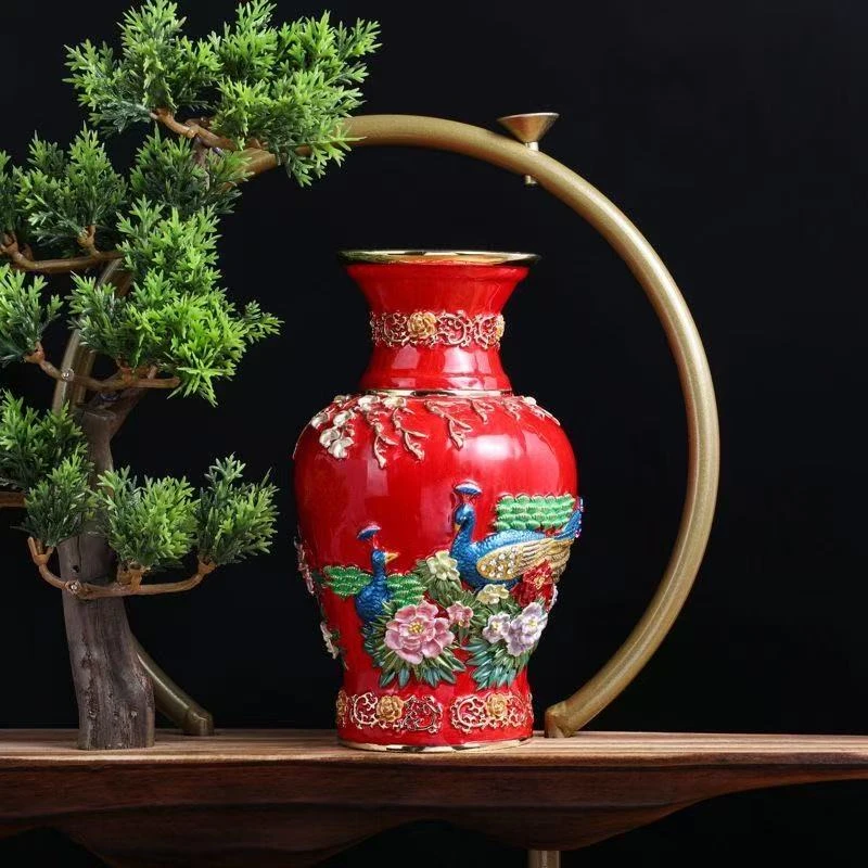 七宝烧琅彩创意书房孔雀花瓶景泰蓝龙凤花瓶装饰摆件