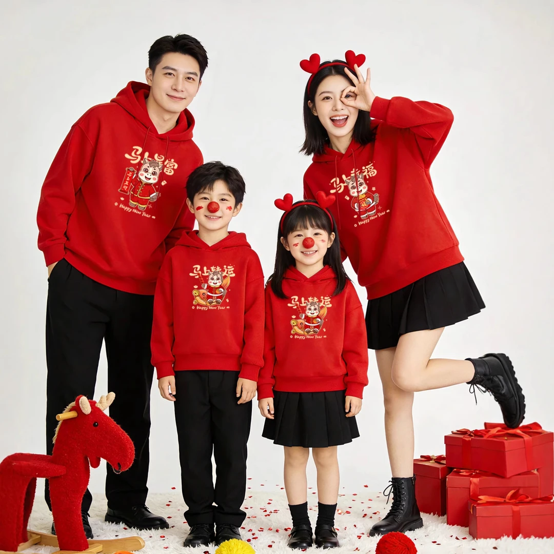 2026马上转运秋冬加绒亲子服36岁本命年红色连帽卫衣全家福衣服
