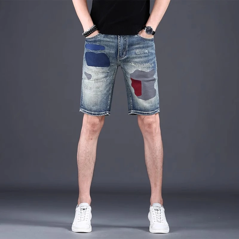 夏季新款薄款迷彩短裤男破洞牛仔中裤男韩版修身5分五分裤补丁潮