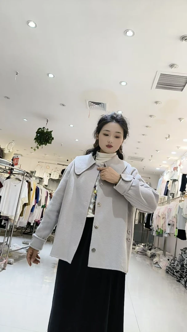 9186#秋冬新款休闲百搭娃娃领短款双面大衣
