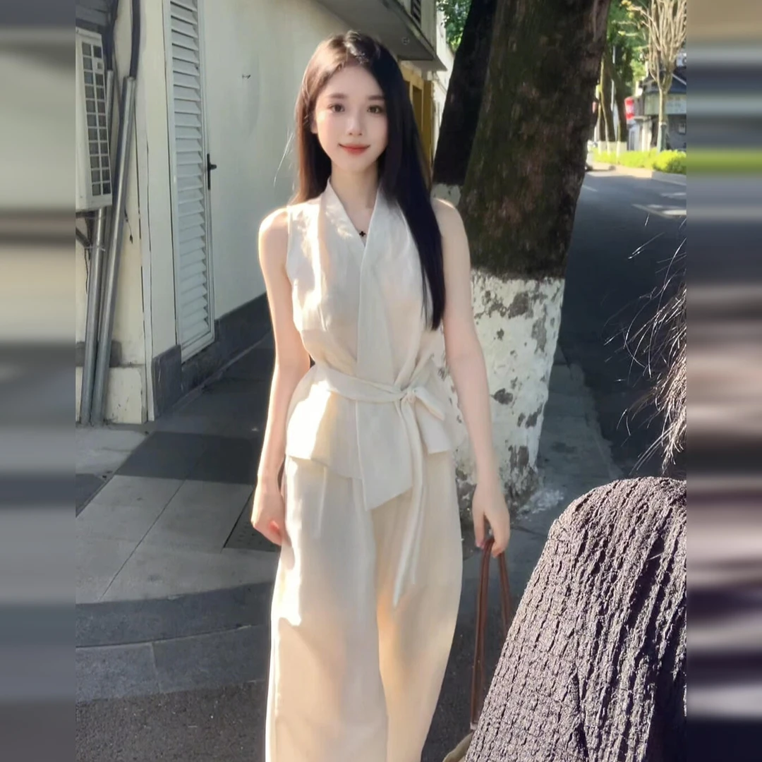 韩系休闲穿搭一整套女夏季2025新款无袖背心上衣休闲直筒长裤套装