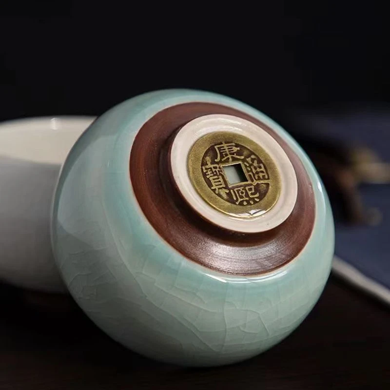 高档汝窑招财进宝聚财开冰裂釉皮品茗主人杯陶瓷品茗杯冰裂纹摆件