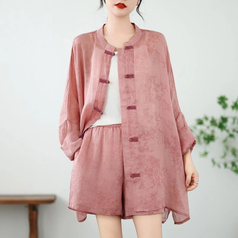 大码女装中式复古盘扣印花棉麻套装防晒衣阔腿短裤两件套夏