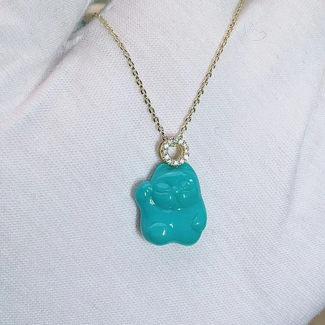 绿松石未镶嵌珠宝奇石玉化猫咪项链