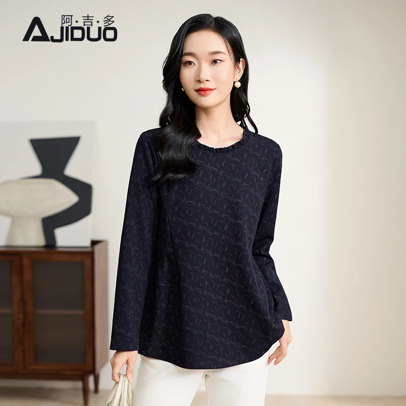 阿吉多长袖t恤女秋季新款简约高级气质提花打底衫遮肚子显瘦上衣