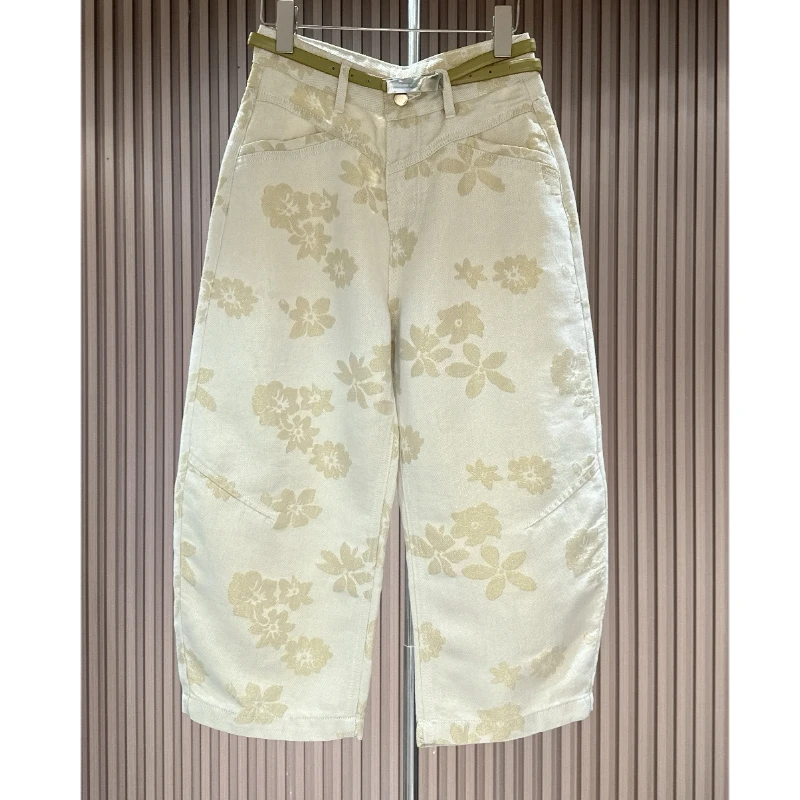 宽松休闲提花弯刀裤高腰阔腿裤女八分裤牛仔中裤薄款夏季印花春夏