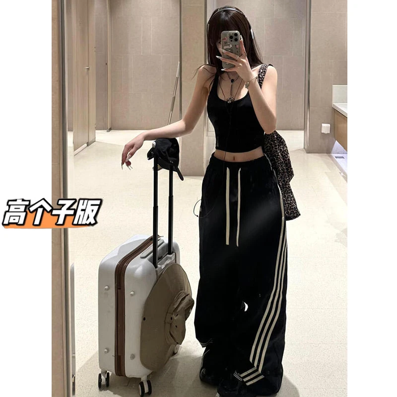 175高个子加长180美式复古阔腿裤女2025新款高腰三杠抽拖地裤