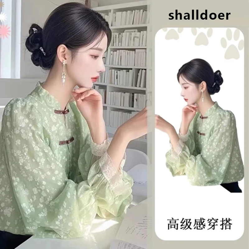 时尚浅绿碎花衬衫女2025春秋新款新中式优雅气质立领长袖上衣女款