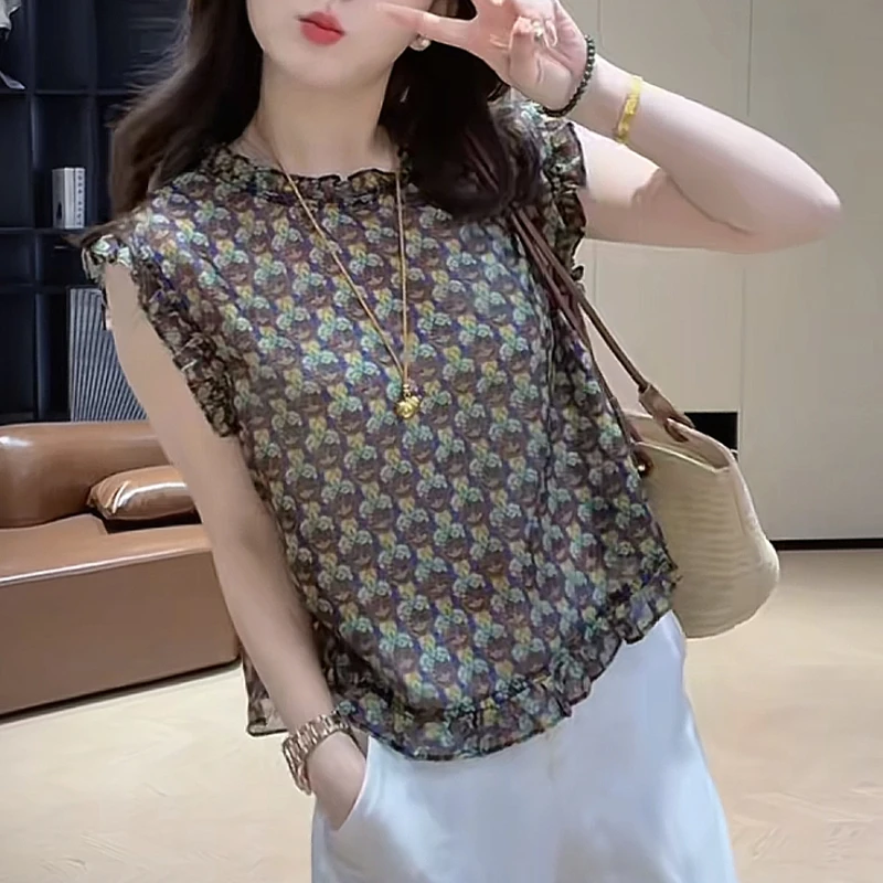 2025夏季新款高级感碎花木耳边无袖衬衫女士时尚印花百搭显瘦衬衣