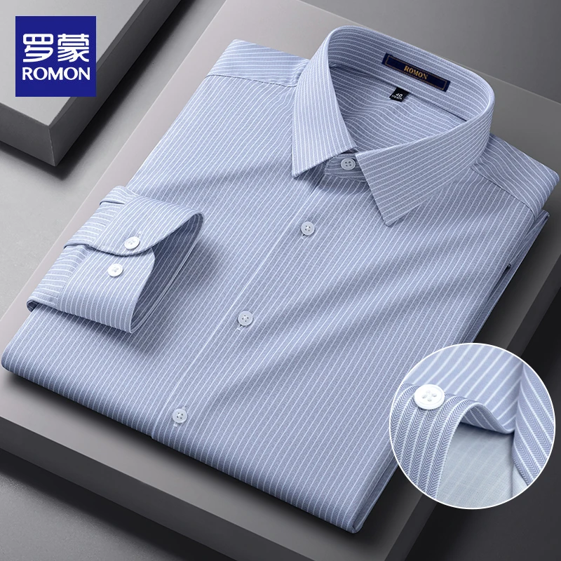 罗蒙男士莫代尔长袖衬衫免烫商务休闲抗皱衬衣高级感薄款男装透气