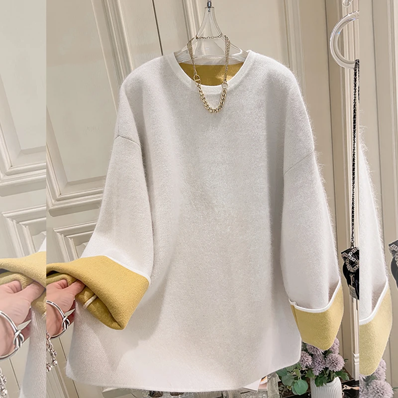 高级感慵懒风内外撞色圆领毛衣女秋冬保暖中长款上衣百搭减龄潮流
