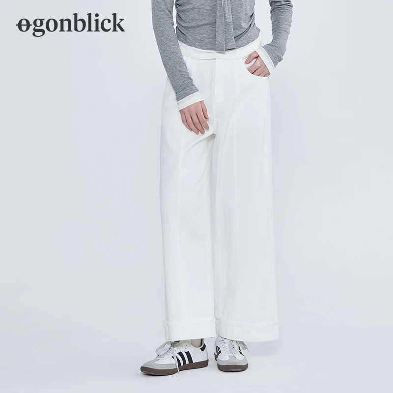 北欧时刻梭织白色休闲女春季2025年新款宽松直筒裤子日系阔腿长裤