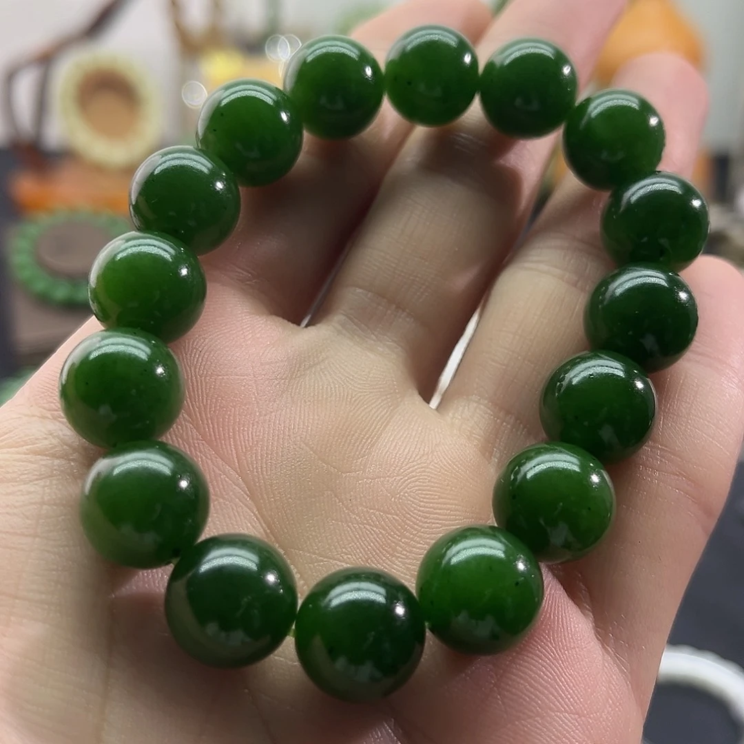 和田玉未镶嵌颈饰俄碧-菠菜绿手串-13mm