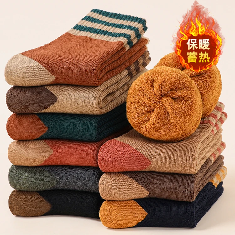 厚款袜子女款秋冬季毛圈袜子100%全棉袜子爆款条纹女士中筒袜百搭