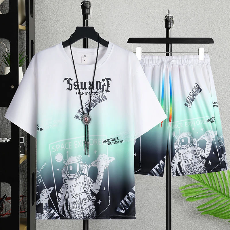 夏季男士冰丝休闲套装潮牌青少年渐变色青少年男士短袖t恤套装