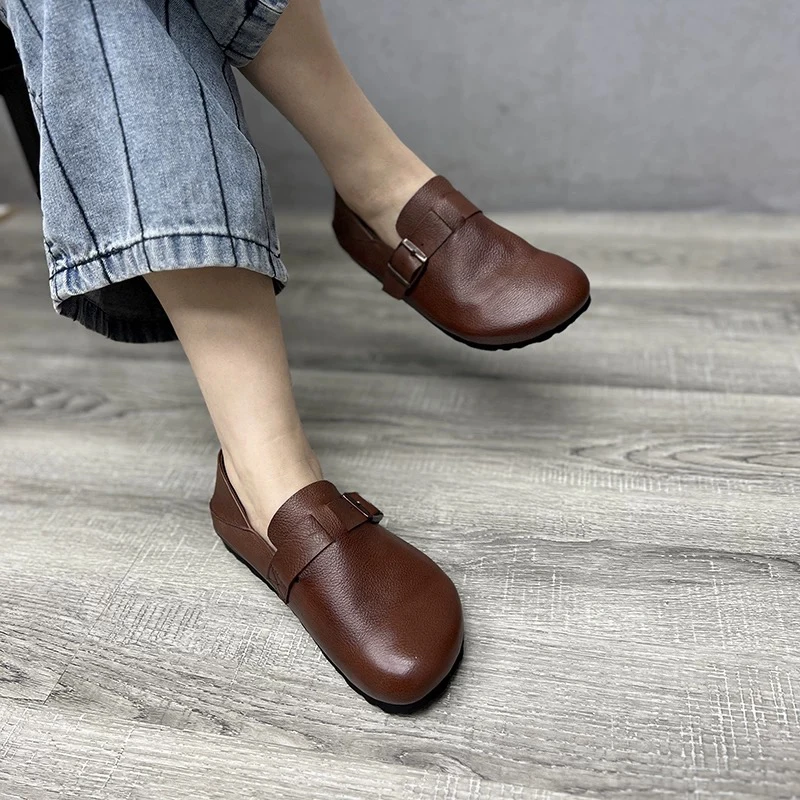 艺鞜2025年春夏新款真皮极光鞋头层牛皮两穿T字软木平底勃肯单鞋