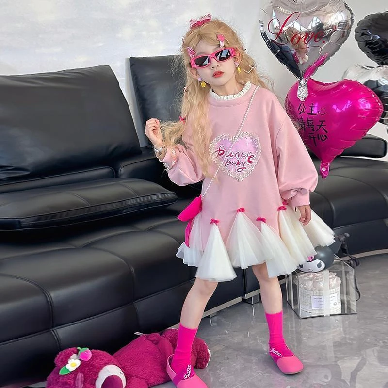 女童春秋连衣裙2025新款洋气儿童中长款卫衣裙小女孩漂亮网纱裙子
