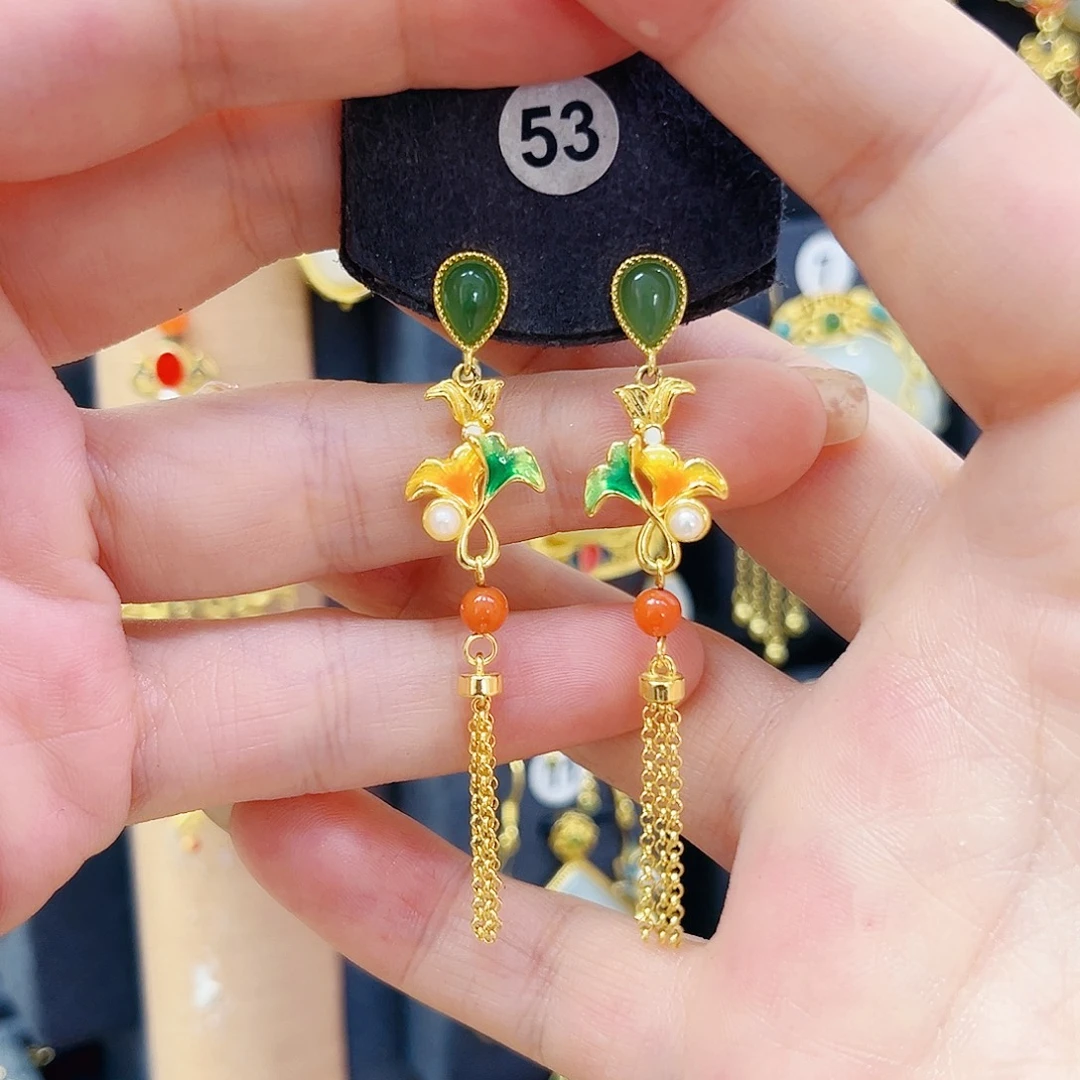 和田玉银S925镀金镶嵌耳饰