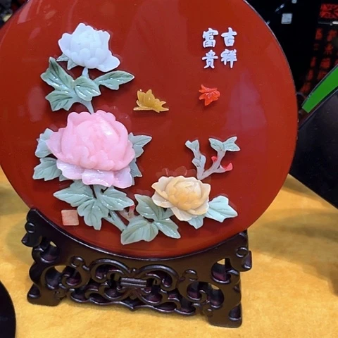 玉石镶嵌圆台屏牡丹
