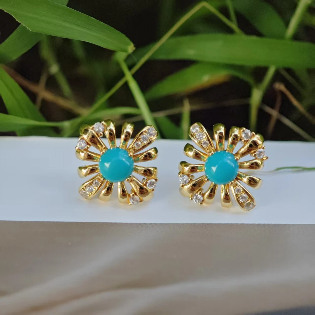 S925银绿松石耳钉烟花绽放时尚灿烂