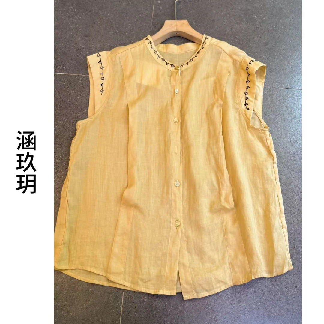 涵玖玥▪100%麻【不止夏至】不规则刺绣鱼骨显瘦上衣卡-2251