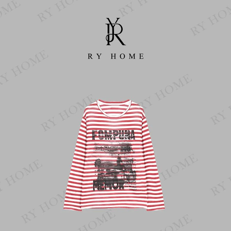 【容雨RYHOME】100%莱赛尔复古做旧字母印花条纹长袖252T2133