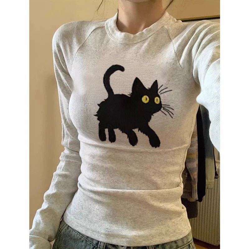 韩系学院风创意猫咪印花长袖t恤女春秋季新款修身显瘦打底衫上衣