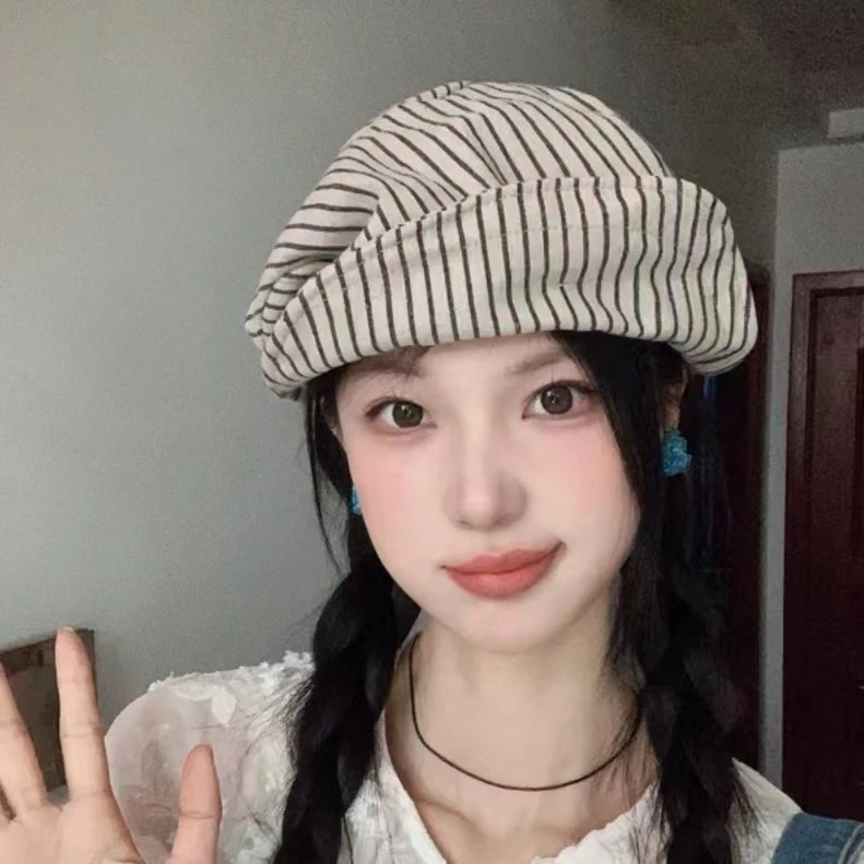 百搭日系文艺条纹棉麻贝雷帽子女春夏天显脸小报童帽复古画家帽潮