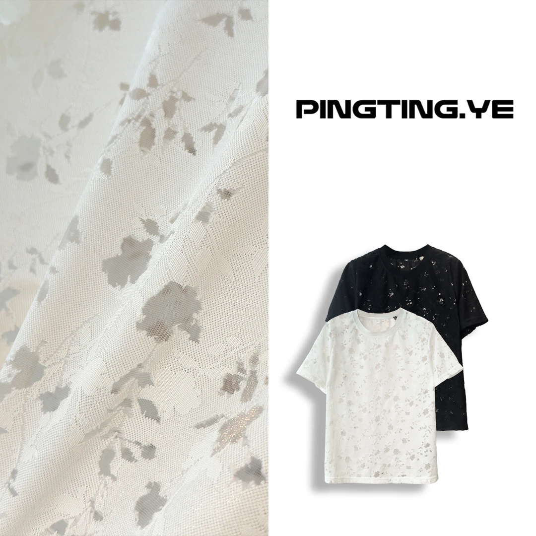 PINGTING.YE小众圆领镂空烧花设计感简约短袖T恤PT9243